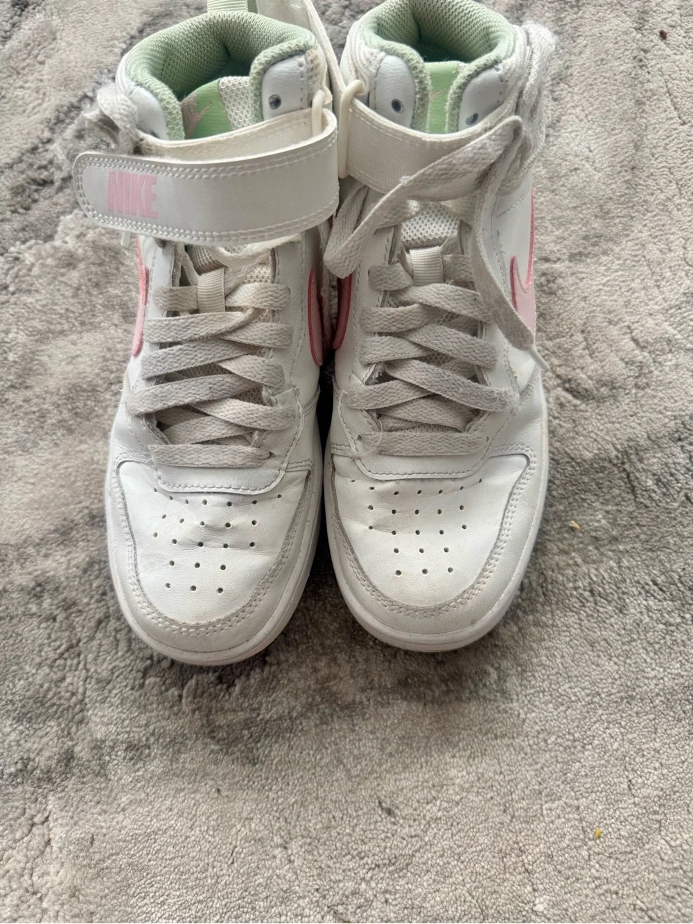 Nike White Sneakers with Pink Swoosh and Mint Lining